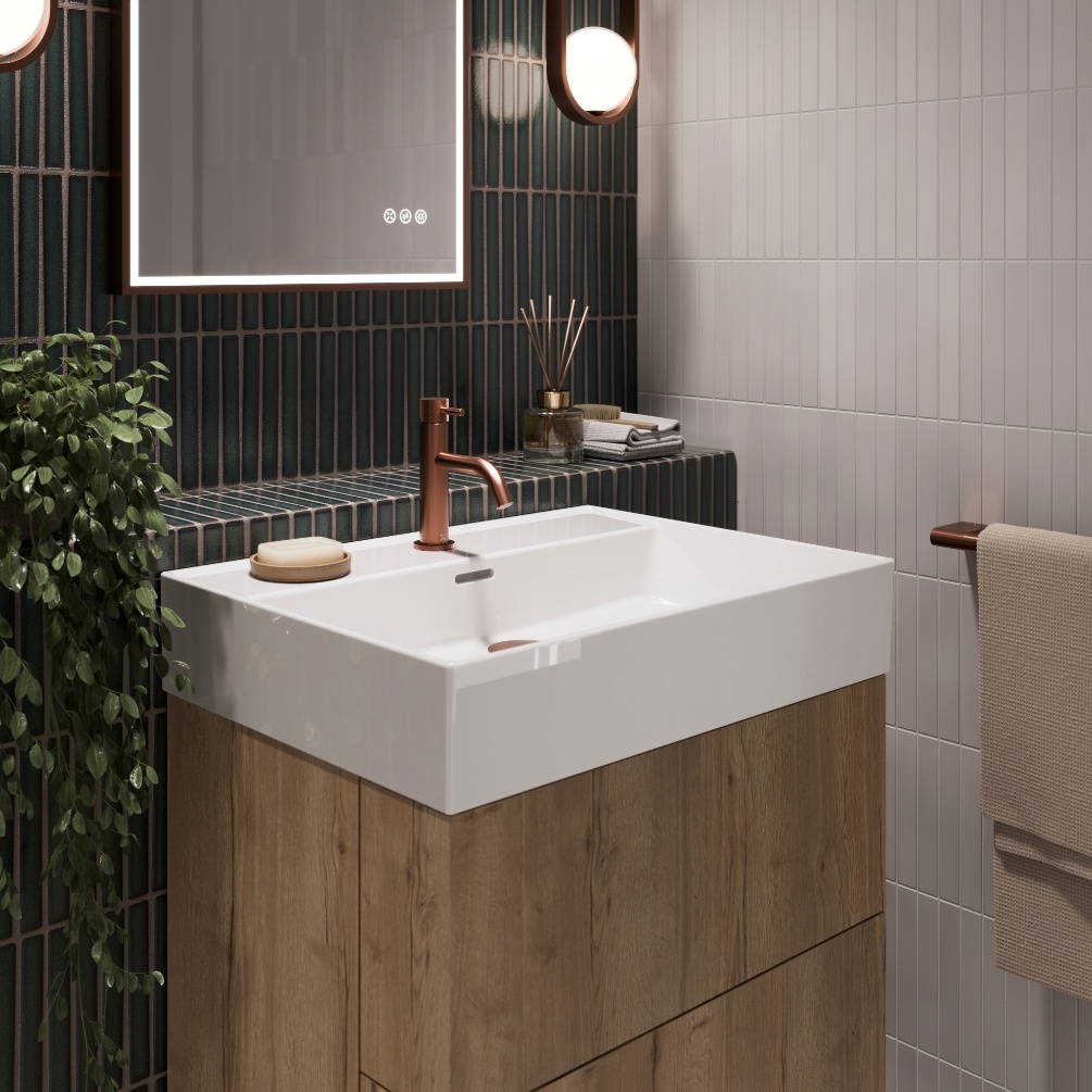 Close up product lifestyle image of the Crosswater Avenue Windsor Oak 600mm Double Drawer Unit with a one tap hole basin